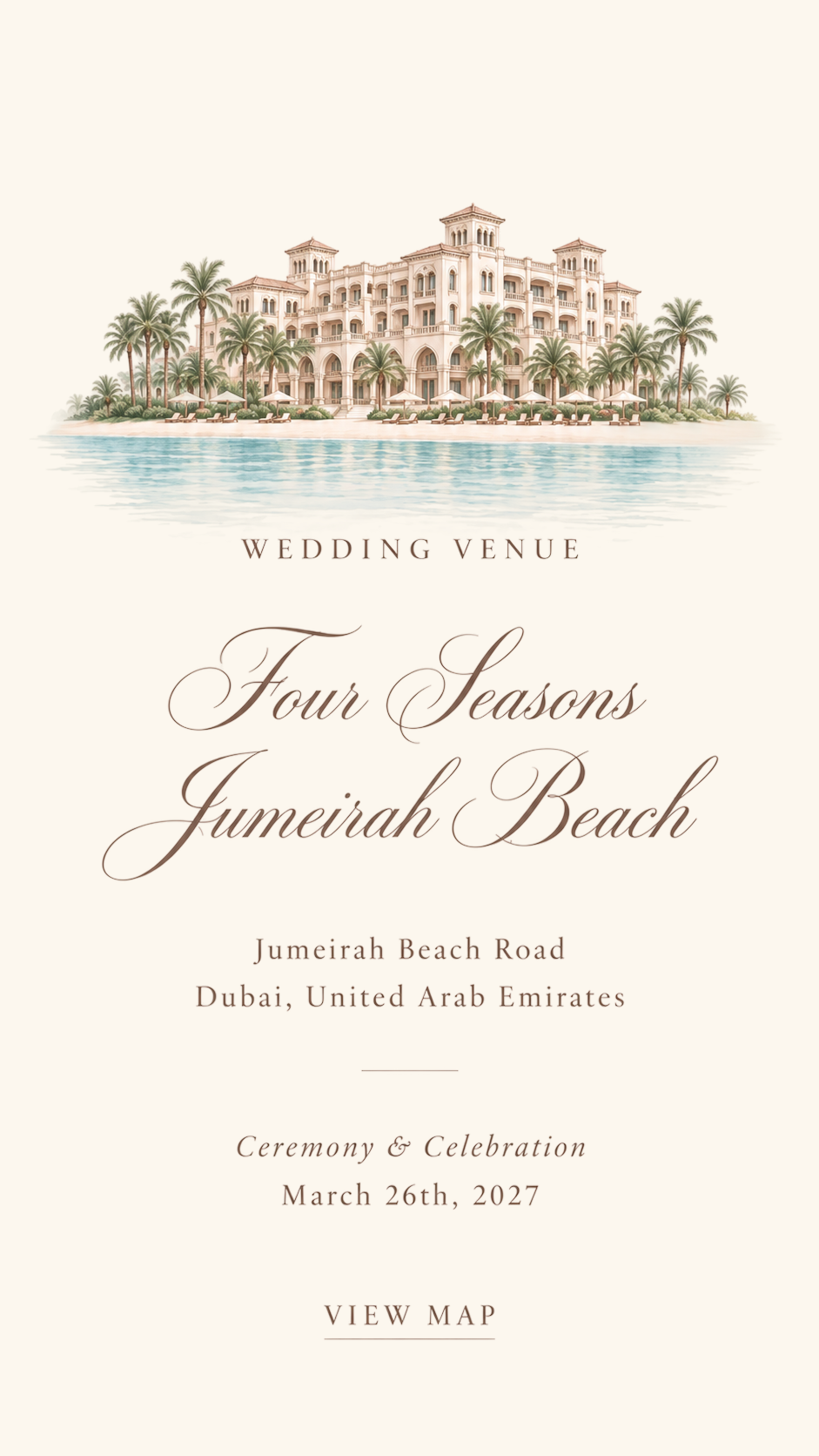 Four Seasons Jumeirah Beach, Dubai. Wedding venue.